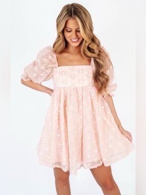 Storia Blush Pink Lace Mini Dress with Puff Sleeves